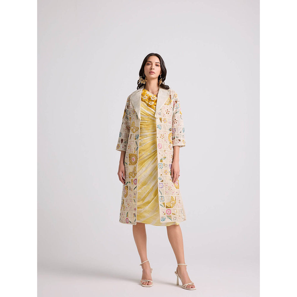 CHANDRIMA Ivory Floral Checkered Long Jacket
