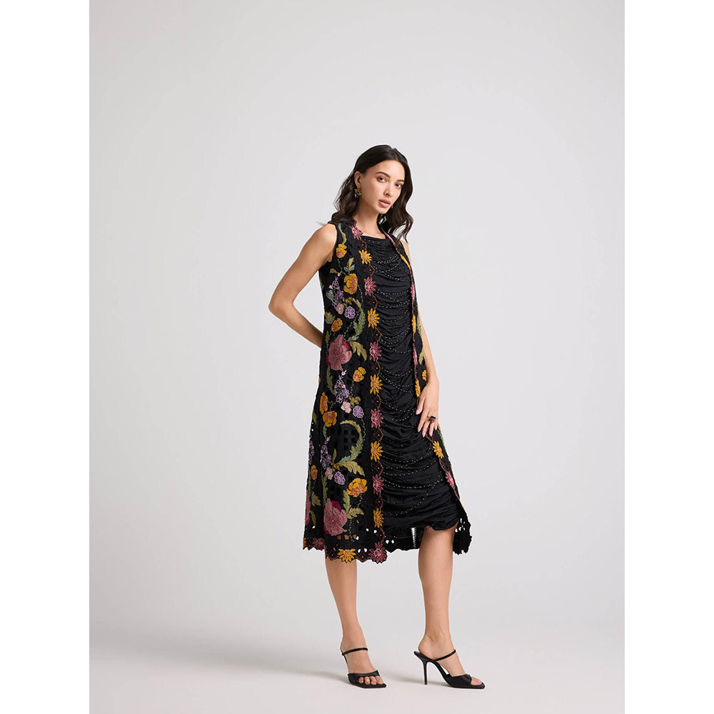 CHANDRIMA Black Floral Threadwork and Beadwork Long Jacket