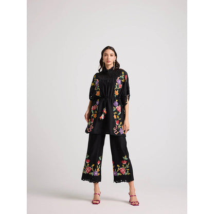 CHANDRIMA Black Applique and Beadwork Smocked Kaftan