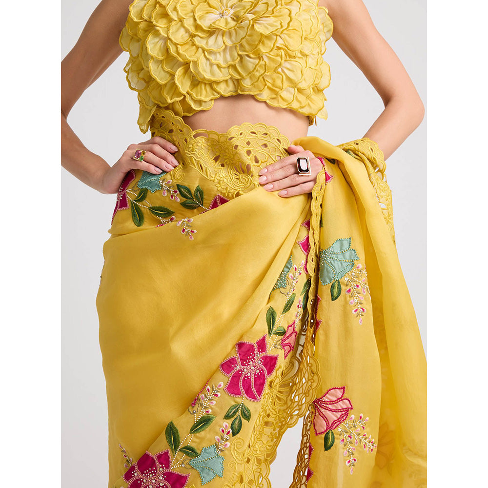 CHANDRIMA Yellow Shaded Dahlia 3D Applique Crop Top