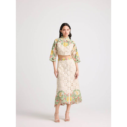 CHANDRIMA Ivory Floral Checkered Cutwork Crop Top
