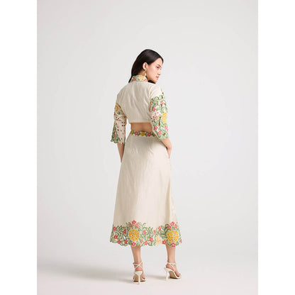 CHANDRIMA Ivory Floral Checkered Cutwork Crop Top