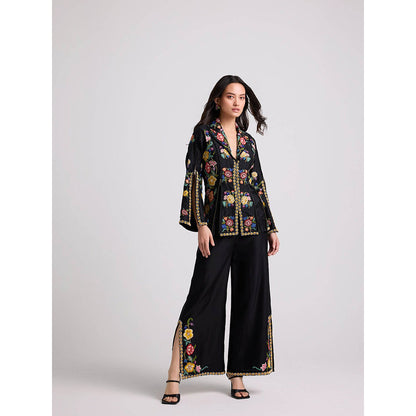 CHANDRIMA Black Floral Embroidered Flared Pants