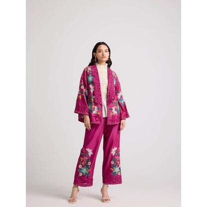 CHANDRIMA Fuchsia Pink Applique and Beadwork Flared Jacket
