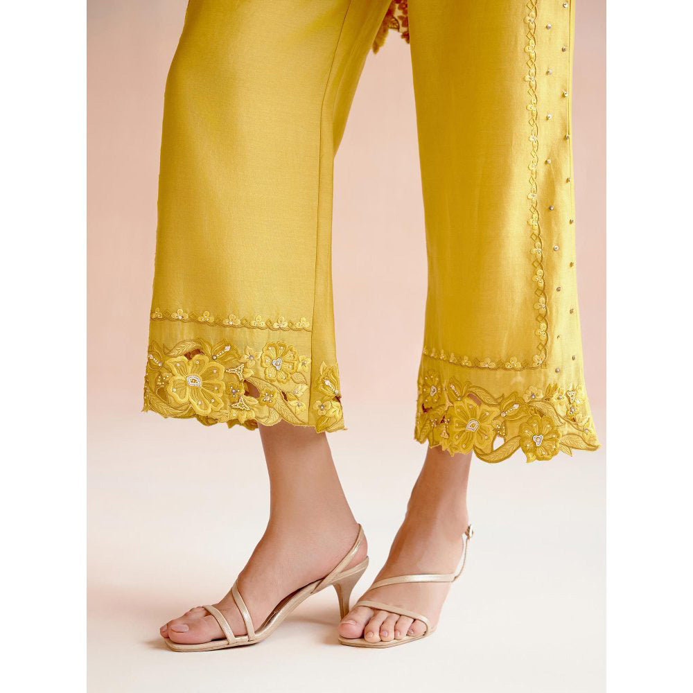 CHANDRIMA Yellow Tonal Cutwork Kimono Co-Ord (Set of 2)
