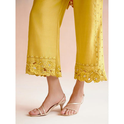 CHANDRIMA Yellow Tonal Cutwork Kimono Co-Ord (Set of 2)