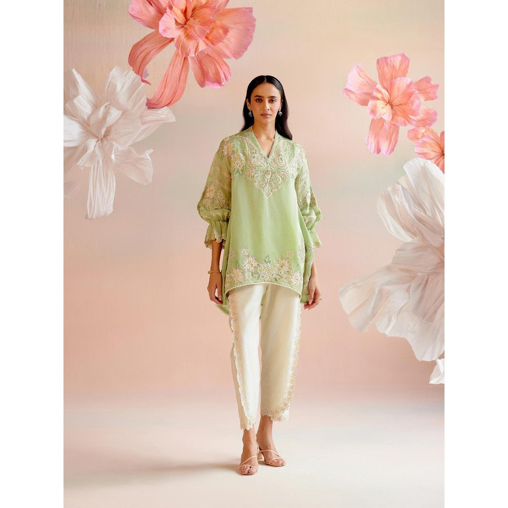 CHANDRIMA Contrast Paisley Embroidered Tunic with Embroidered Tulip Pant (Set of 2)