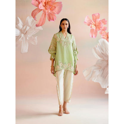 CHANDRIMA Contrast Paisley Embroidered Tunic with Embroidered Tulip Pant (Set of 2)