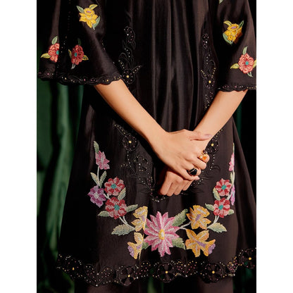 CHANDRIMA Black Floral Beadwork Gathered Kurta with Sheer Applique Pants (Set of 2)