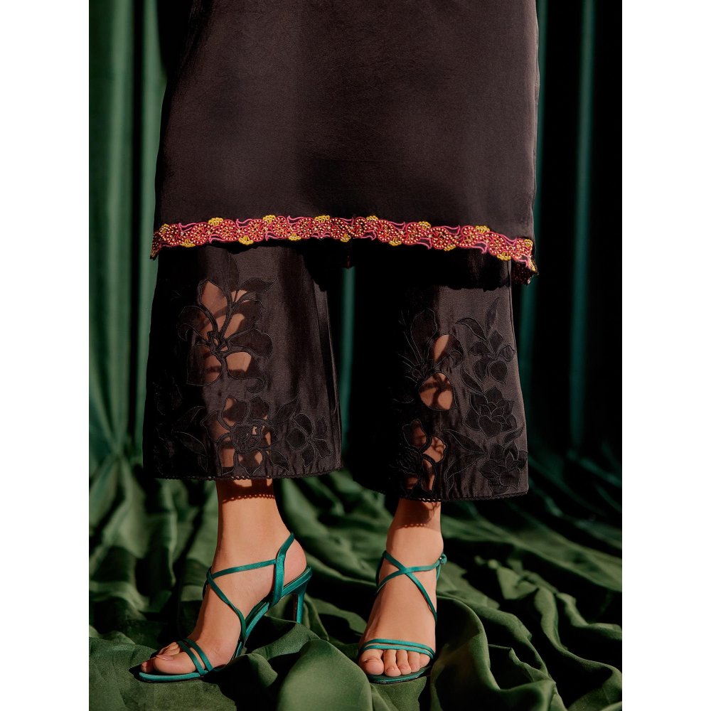 CHANDRIMA Black Floral Applique Kimono Kurta with Sheer Applique Pant (Set of 2)