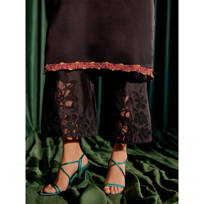 CHANDRIMA Black Floral Applique Kimono Kurta with Sheer Applique Pant (Set of 2)