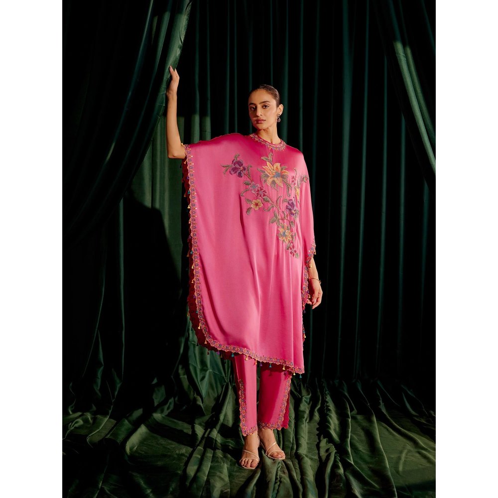 CHANDRIMA Fuchsia Floral Beadwork Kaftan with Embroidered Slit Detail Pant (Set of 2)