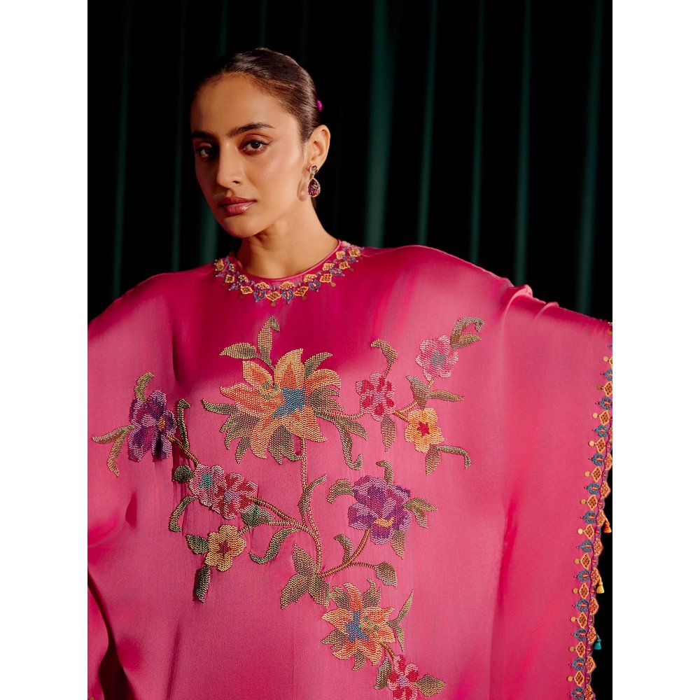 CHANDRIMA Fuchsia Floral Beadwork Kaftan with Embroidered Slit Detail Pant (Set of 2)