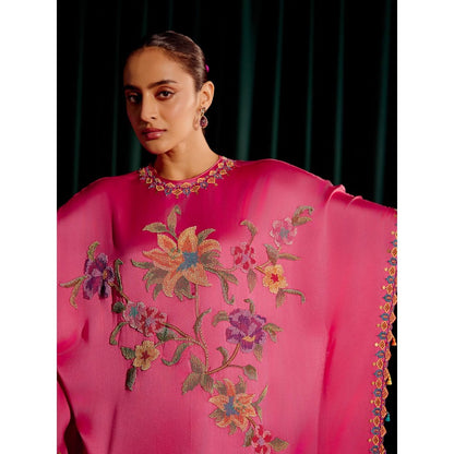 CHANDRIMA Fuchsia Floral Beadwork Kaftan with Embroidered Slit Detail Pant (Set of 2)