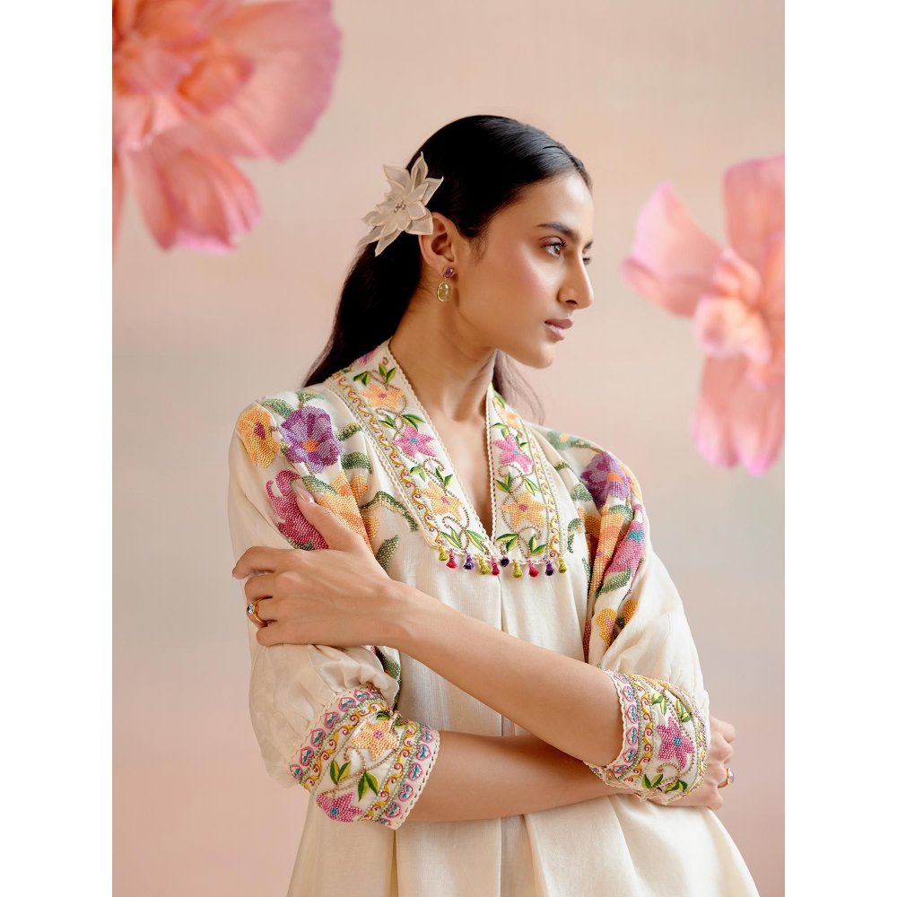 CHANDRIMA Ivory Floral Beadwork Kimono Tunic with Cutwork Pant (Set of 2)
