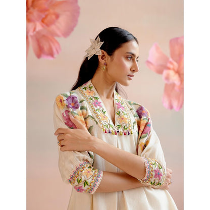CHANDRIMA Ivory Floral Beadwork Kimono Tunic with Cutwork Pant (Set of 2)