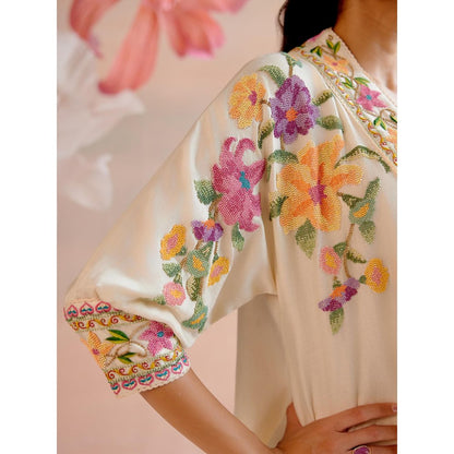 CHANDRIMA Ivory Floral Beadwork Kimono Tunic with Cutwork Pant (Set of 2)