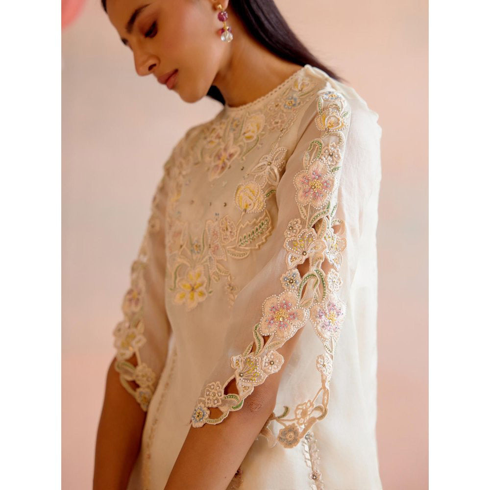 CHANDRIMA Ivory Cutwork and Beadwork Flared Short Kurti with Pant (Set of 2)