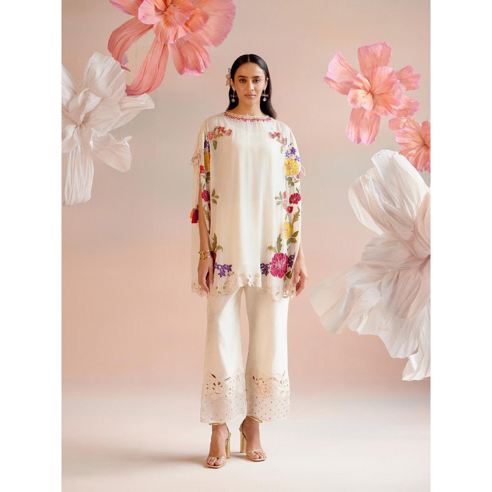 CHANDRIMA Ivory Floral Embroidered Kaftan with Organza Detail Pant (Set of 2)
