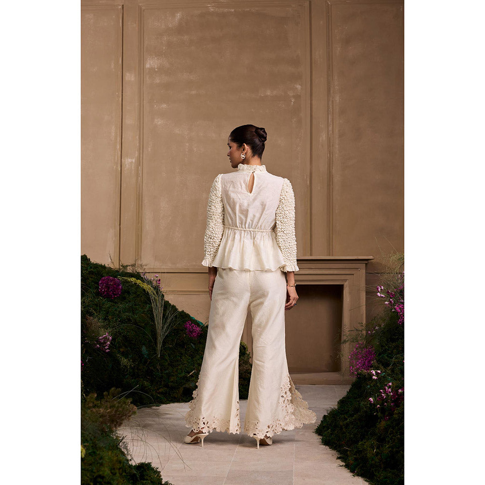 CHANDRIMA Ivory Floral Cutwork Bell Bottom Style Palazzo