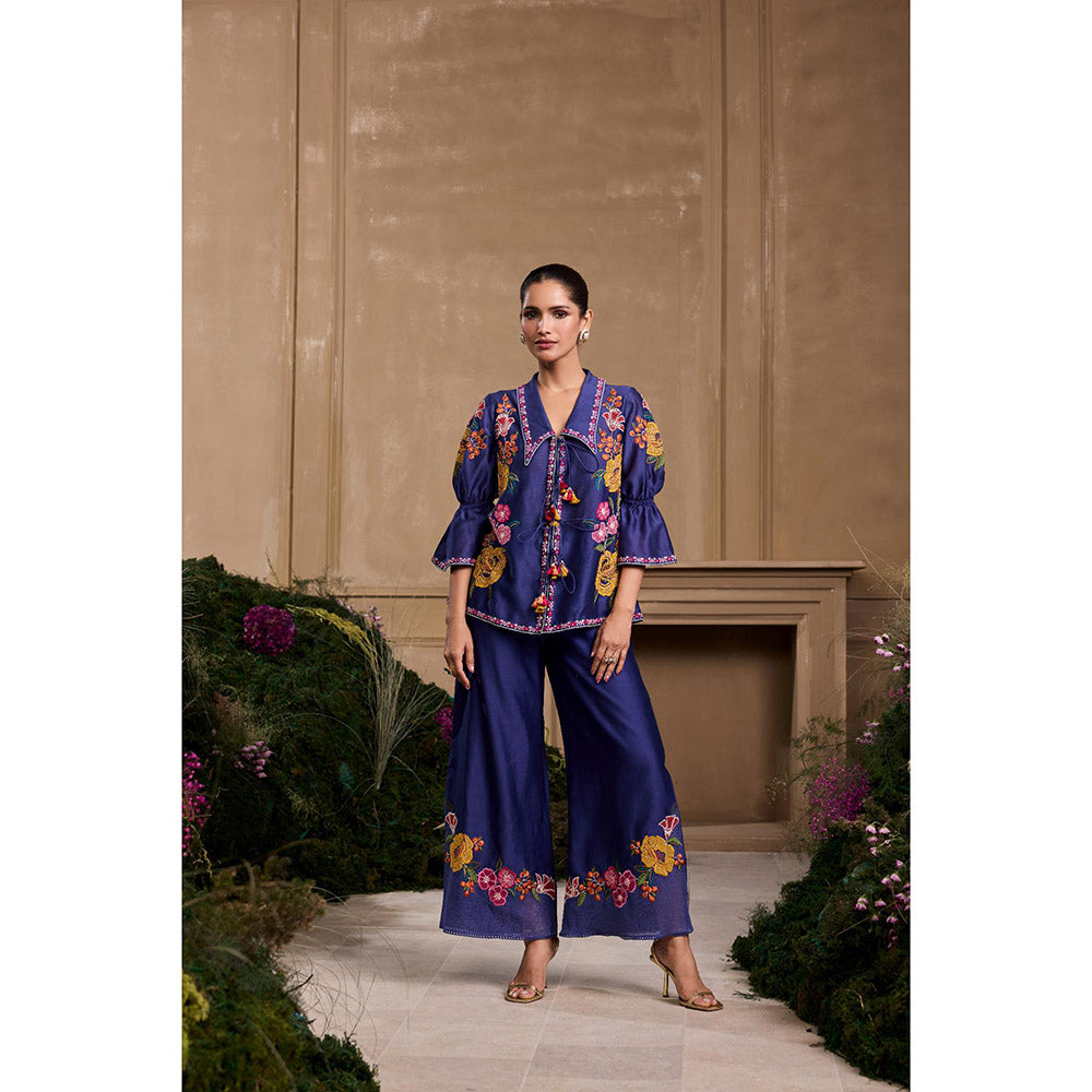 CHANDRIMA Navy Blue Embroidered Wide Pant