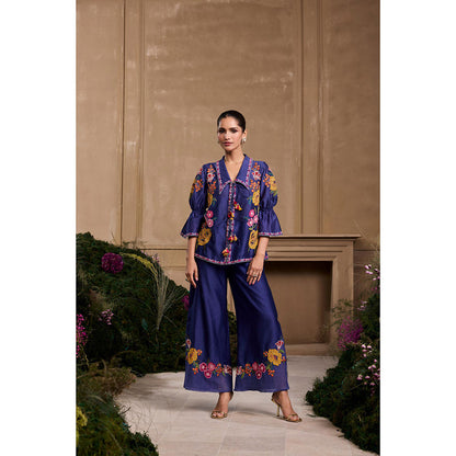 CHANDRIMA Navy Blue Embroidered Wide Pant