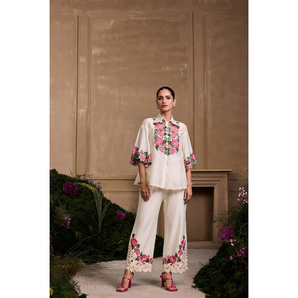 CHANDRIMA Ivory Rose Embroidered Pant