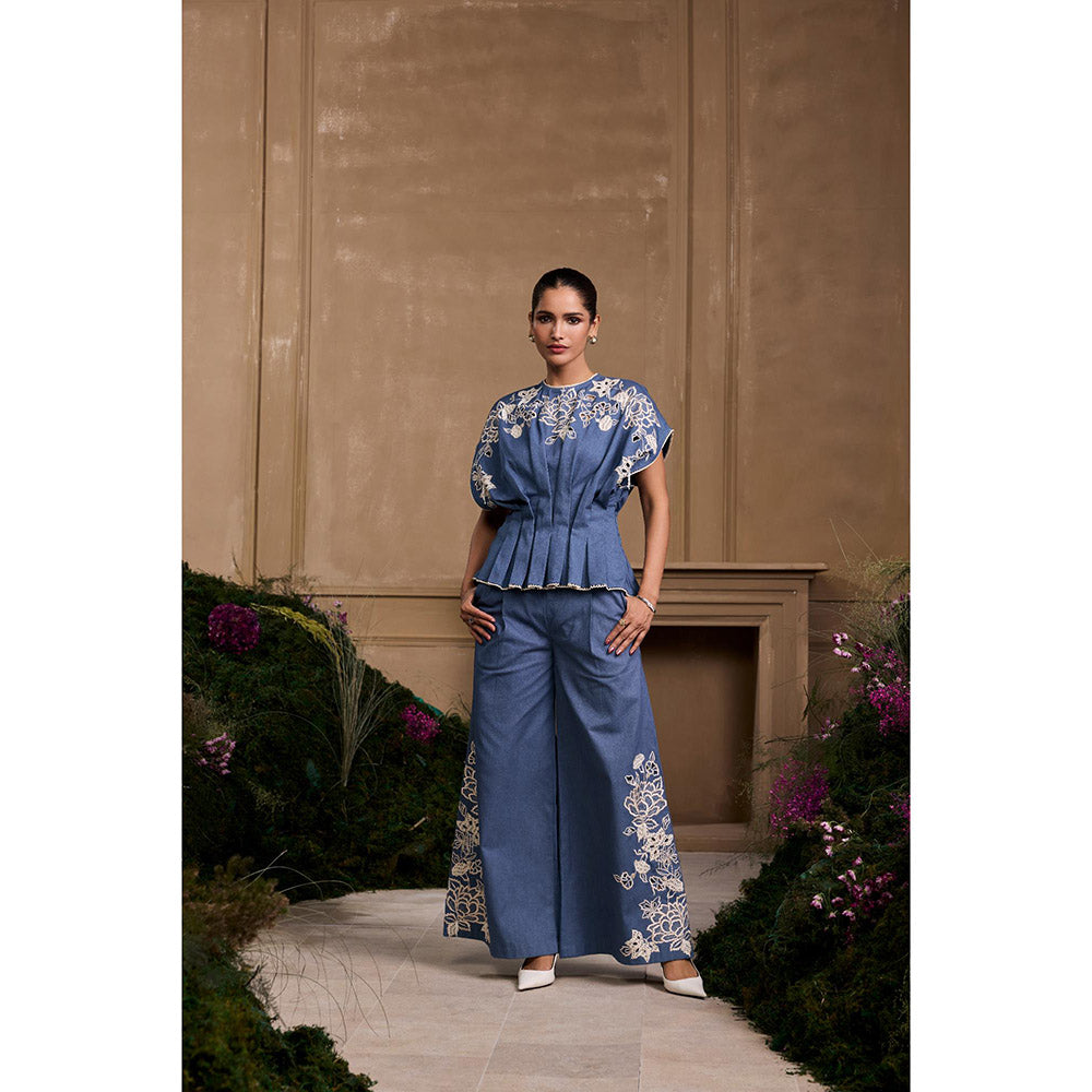 CHANDRIMA Blue Contrast Cutwork Flared Palazzo