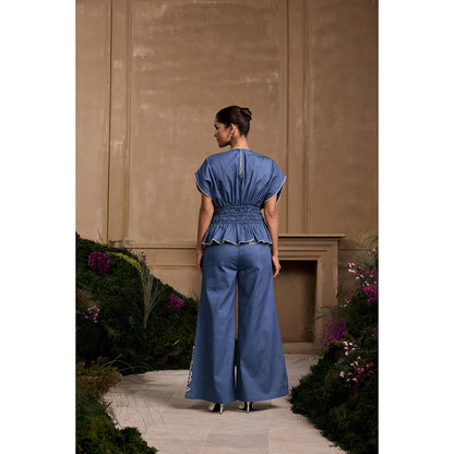 CHANDRIMA Blue Contrast Cutwork Flared Palazzo