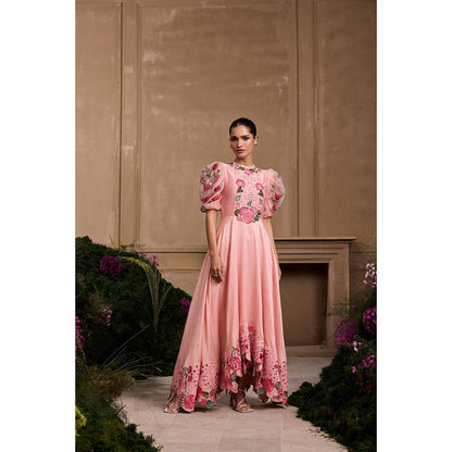 CHANDRIMA Rose Pink Embroidered Flounce Dress