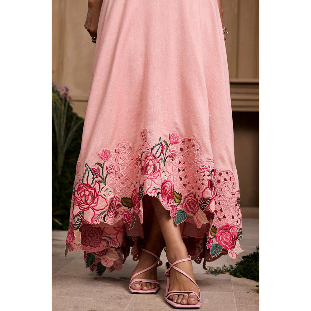 CHANDRIMA Rose Pink Embroidered Flounce Dress