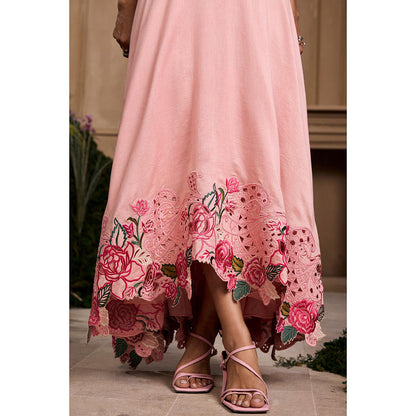 CHANDRIMA Rose Pink Embroidered Flounce Dress