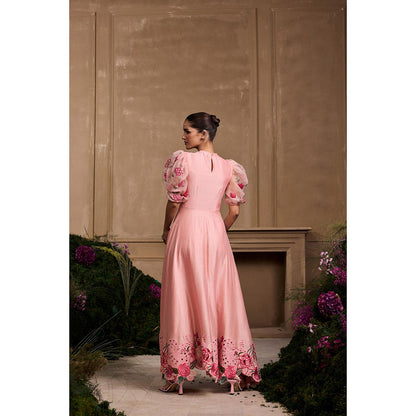 CHANDRIMA Rose Pink Embroidered Flounce Dress