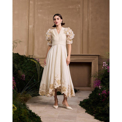 CHANDRIMA Ivory Pleated Embroidered Flounce Dress