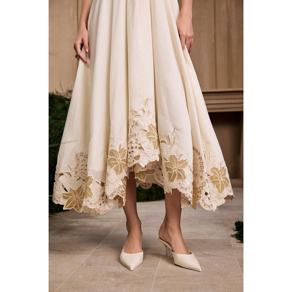 CHANDRIMA Ivory Pleated Embroidered Flounce Dress