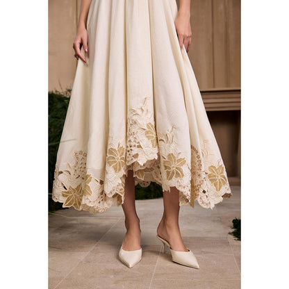 CHANDRIMA Ivory Pleated Embroidered Flounce Dress