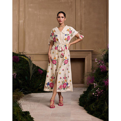 CHANDRIMA Ivory Applique and Threadwork Floral Shirt Style Dress