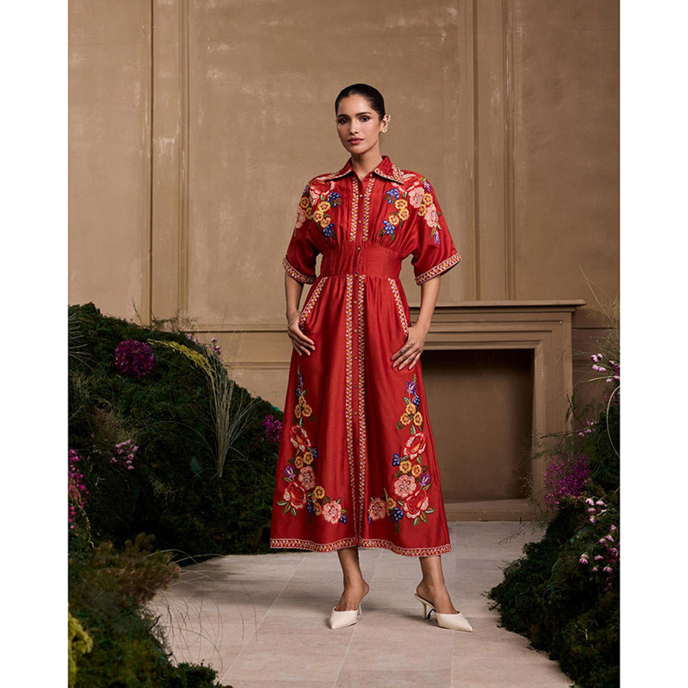 CHANDRIMA Red Embroidered Corseted Shirt Style Dress