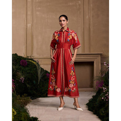 CHANDRIMA Red Embroidered Corseted Shirt Style Dress