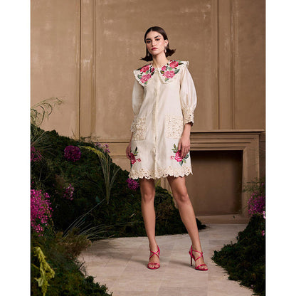 CHANDRIMA Ivory Rose Collared Embroidered Short Dress