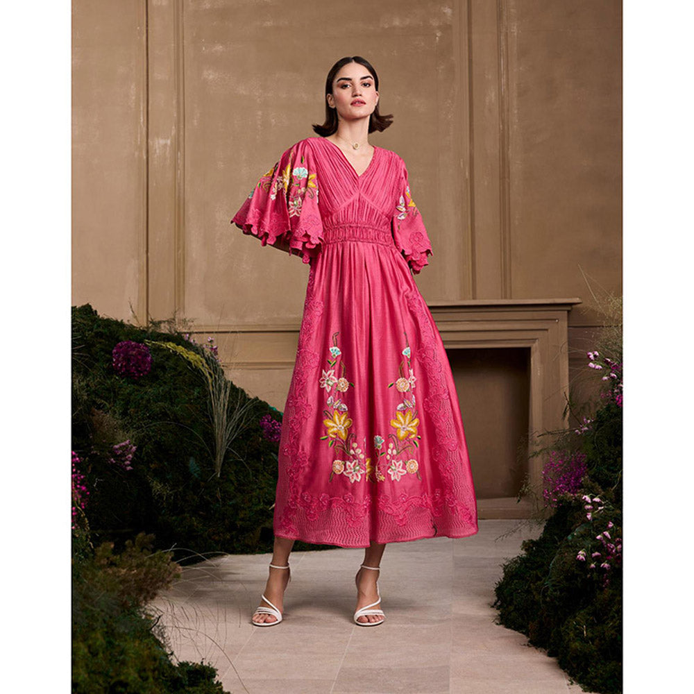 CHANDRIMA Fuchsia Floral Embroidered Ruched Dress