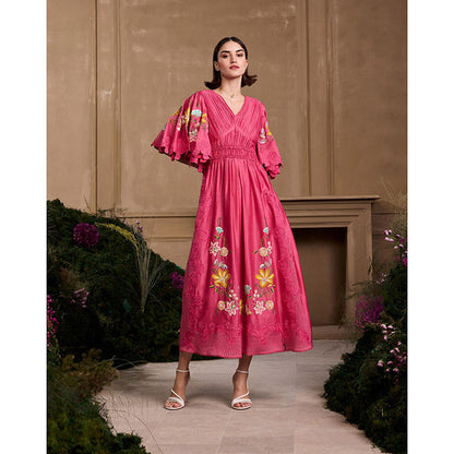 CHANDRIMA Fuchsia Floral Embroidered Ruched Dress
