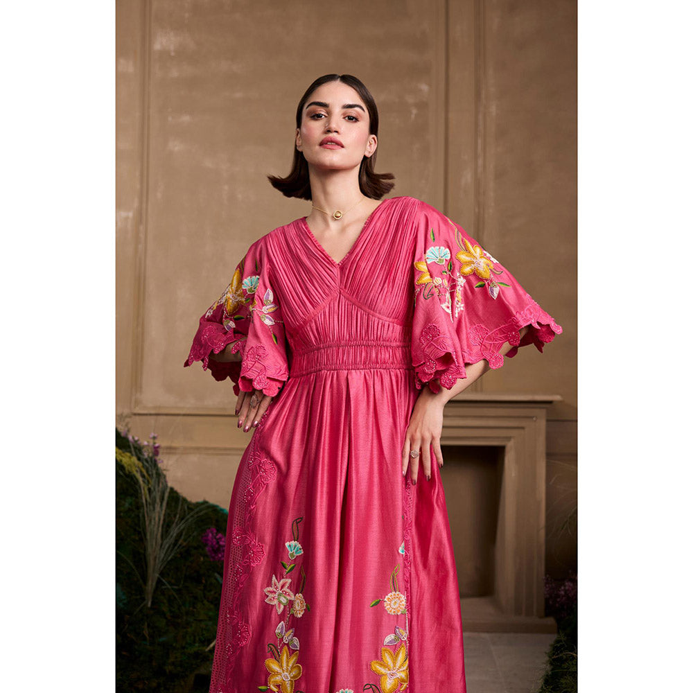 CHANDRIMA Fuchsia Floral Embroidered Ruched Dress
