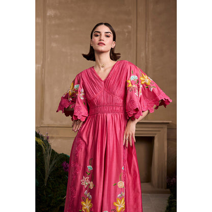 CHANDRIMA Fuchsia Floral Embroidered Ruched Dress