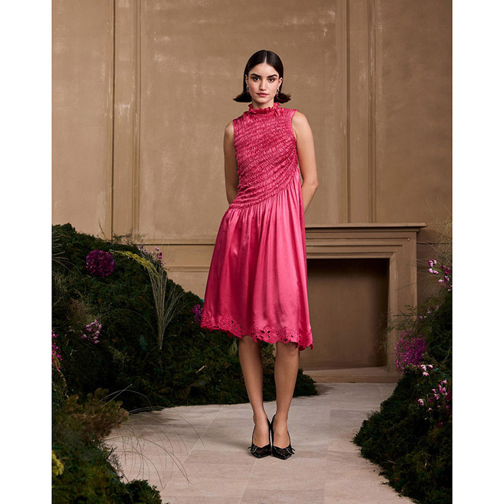 CHANDRIMA Fuchsia Ruched Cutwork Embroidered Dress