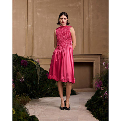 CHANDRIMA Fuchsia Ruched Cutwork Embroidered Dress