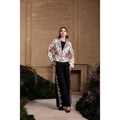 CHANDRIMA Ivory Contrast Panel Floral Short Jacket