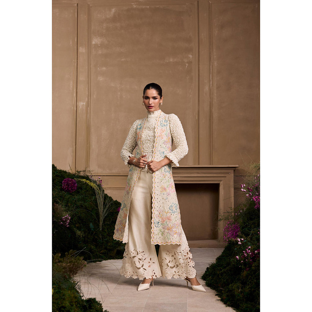 CHANDRIMA Ivory Pastel Floral Quilted Embroidered Long Jacket