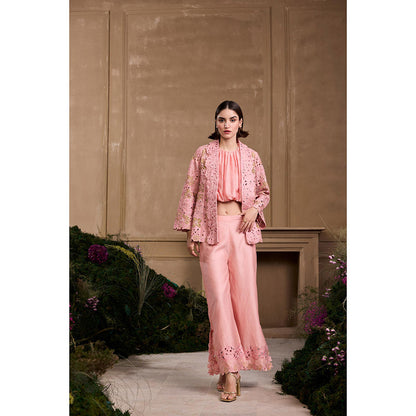 CHANDRIMA Rose Pink Metallic Applique and Cutwork Flared Jacket