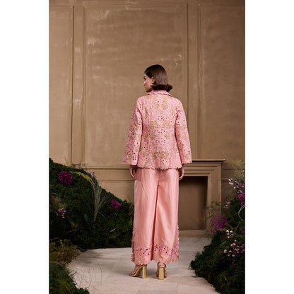 CHANDRIMA Rose Pink Metallic Applique and Cutwork Flared Jacket